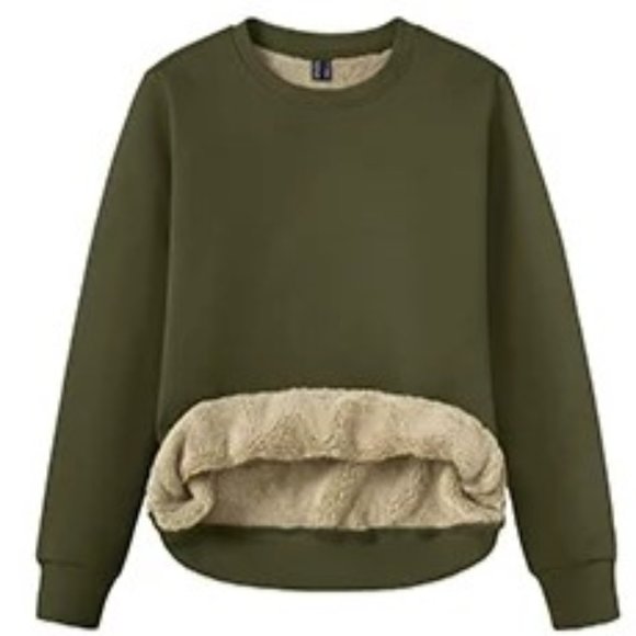 95%Cotton Womens Lined Sherpa Sweatshirt, Thick Warm Fleece, XL, Army Green - Picture 1 of 3